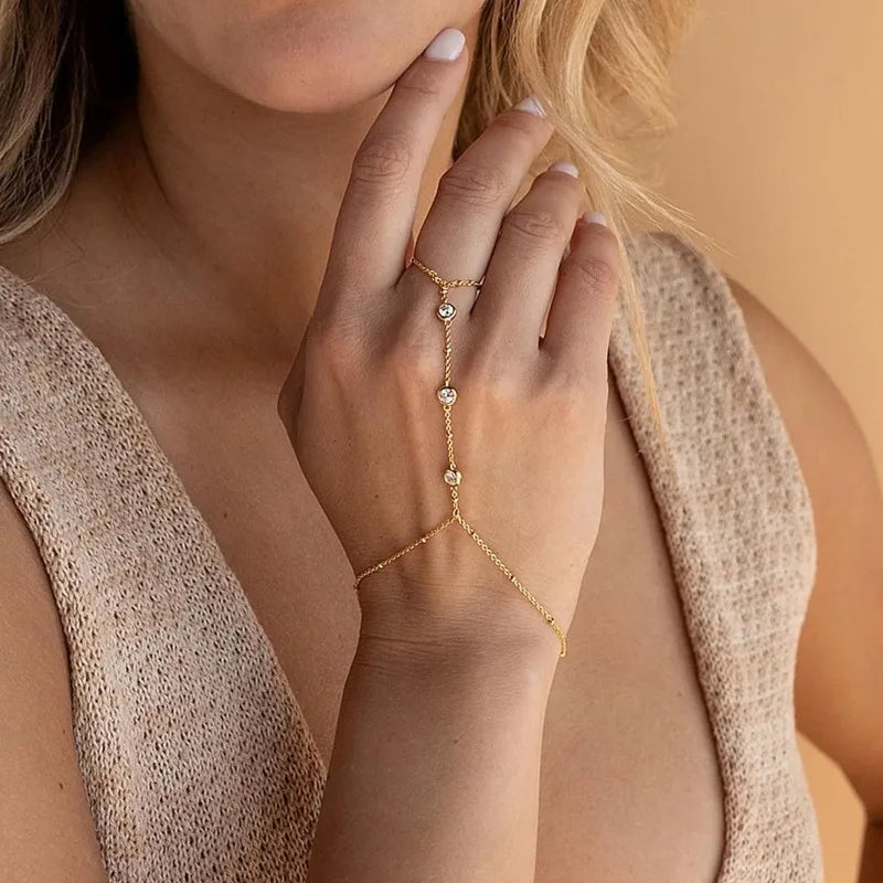 Hand Chain Ring Bracelet Jewelry for Women Girl Dainty 14k Gold Plated Trendy 2024 Summer Adjustable Chain Zircon Finger Ring
