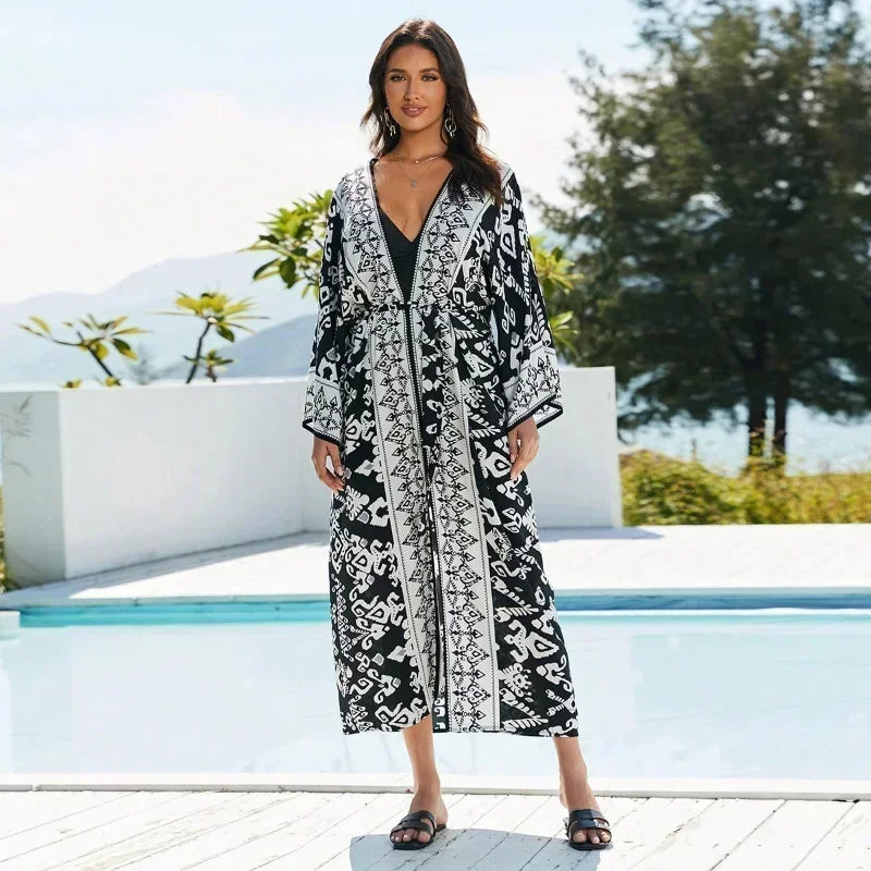 2023 Bohemian Printed Summer Beach Wear Bikini Wrap Dress Tunic Summer Women Swimsuit Cover-ups Kimono Cardigan Q996
