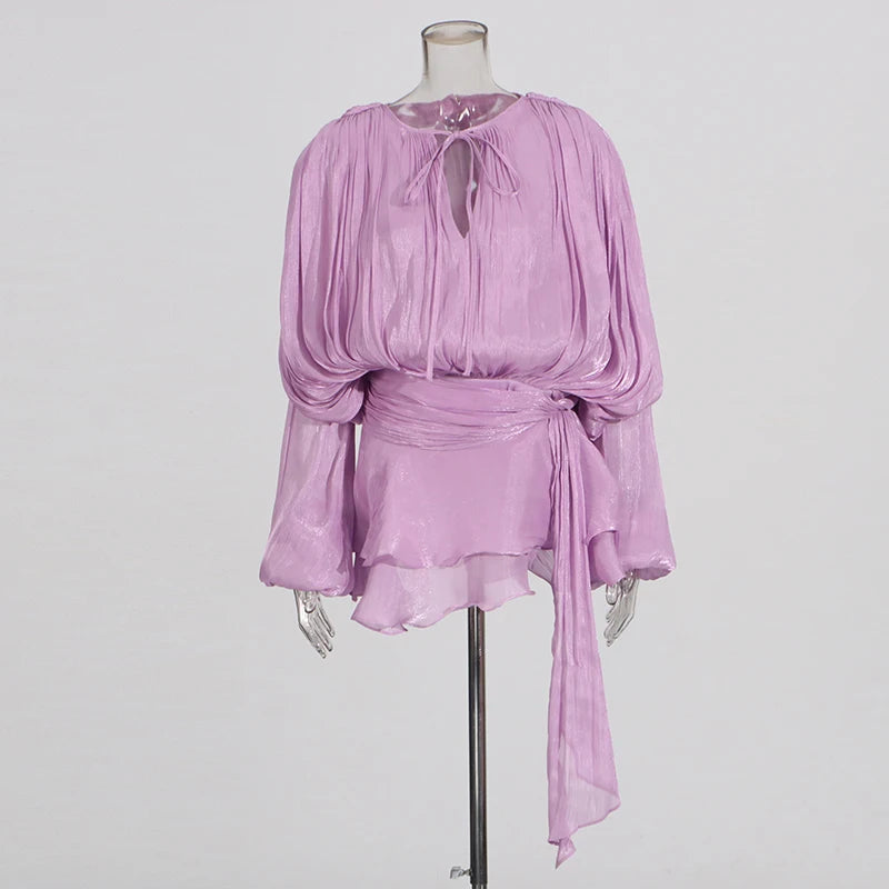 VGH Chic Spliced Lace Up Loose Sexy Short Dresses For Women Round Neck Long Sleeve Minimalist Ruffles Folds Dress Female Fashion