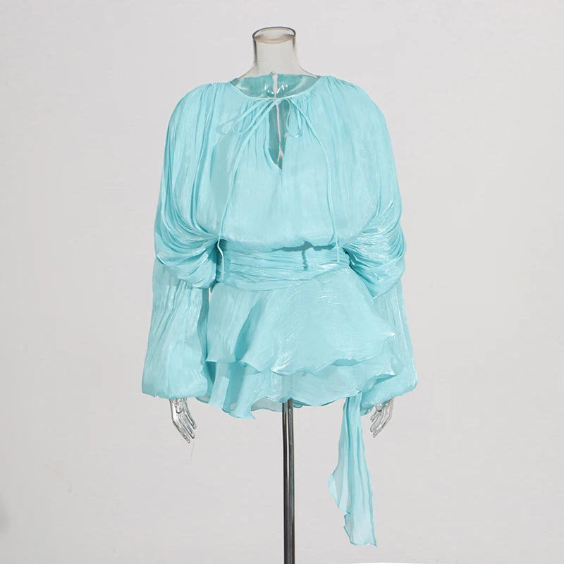 VGH Chic Spliced Lace Up Loose Sexy Short Dresses For Women Round Neck Long Sleeve Minimalist Ruffles Folds Dress Female Fashion