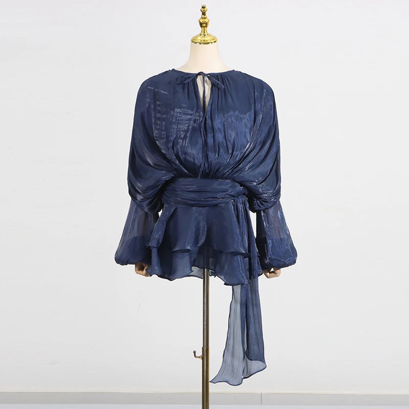 VGH Chic Spliced Lace Up Loose Sexy Short Dresses For Women Round Neck Long Sleeve Minimalist Ruffles Folds Dress Female Fashion