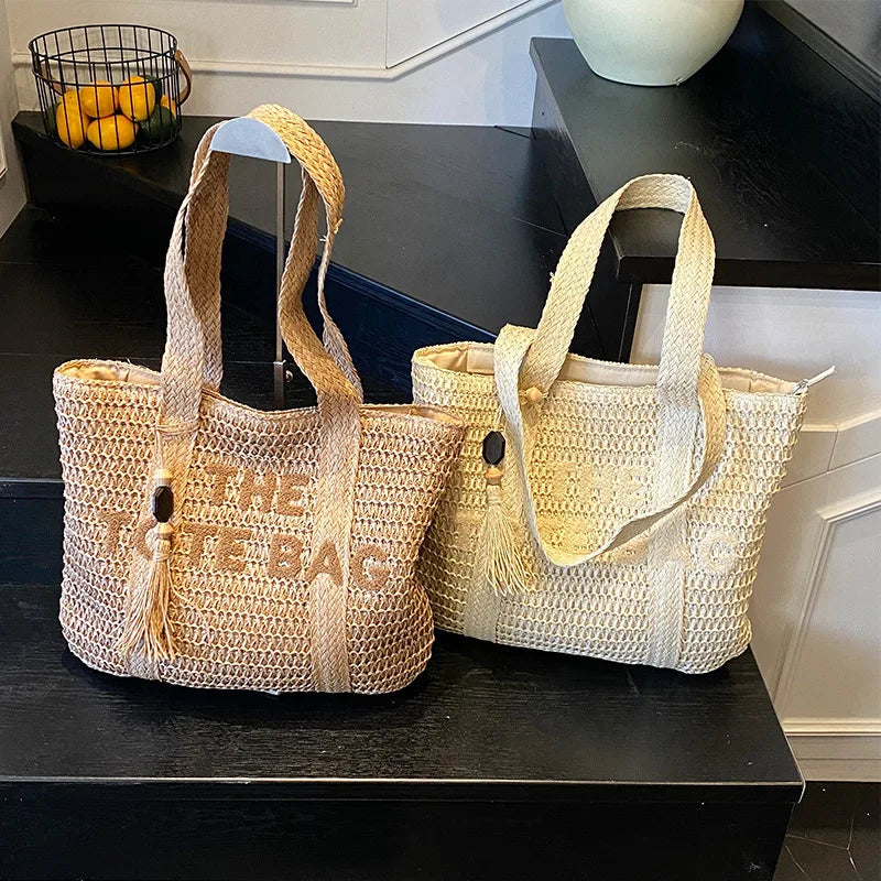 French style large capacity woven straw woven bag for women, new beach vacation shoulder bag, casual commuting tote bag