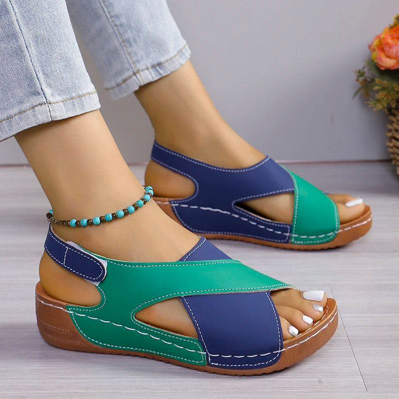 New Women's Contrast Color Wedge Sandals Summer Peep Toe Non Slip Beach Shoes Woman Comfortable Platform Roman Sandalias Mujer