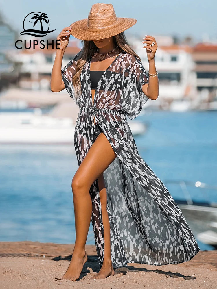 Cupshe Leopard Print Maxi Length Kimono Bikini Cover Up For Women Short Sleeve Lace Up Long Beach Dress Summer Beachwear