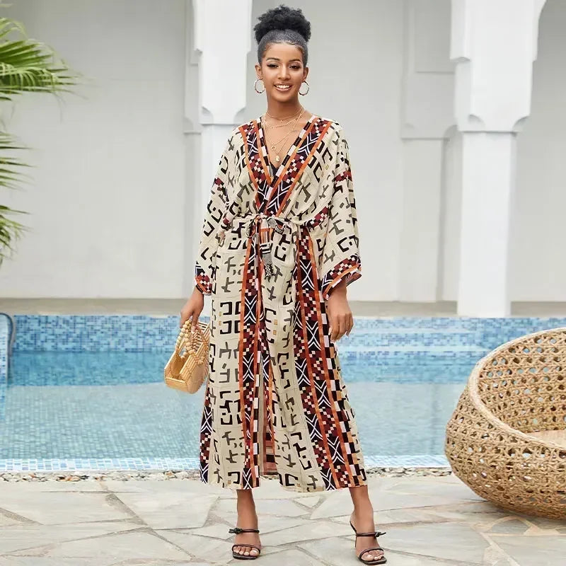 2023 Bohemian Printed Summer Beach Wear Bikini Wrap Dress Tunic Summer Women Swimsuit Cover-ups Kimono Cardigan Q996