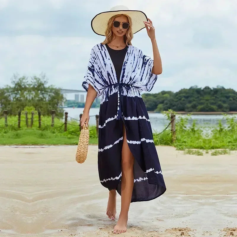 2023 Bohemian Printed Summer Beach Wear Bikini Wrap Dress Tunic Summer Women Swimsuit Cover-ups Kimono Cardigan Q996