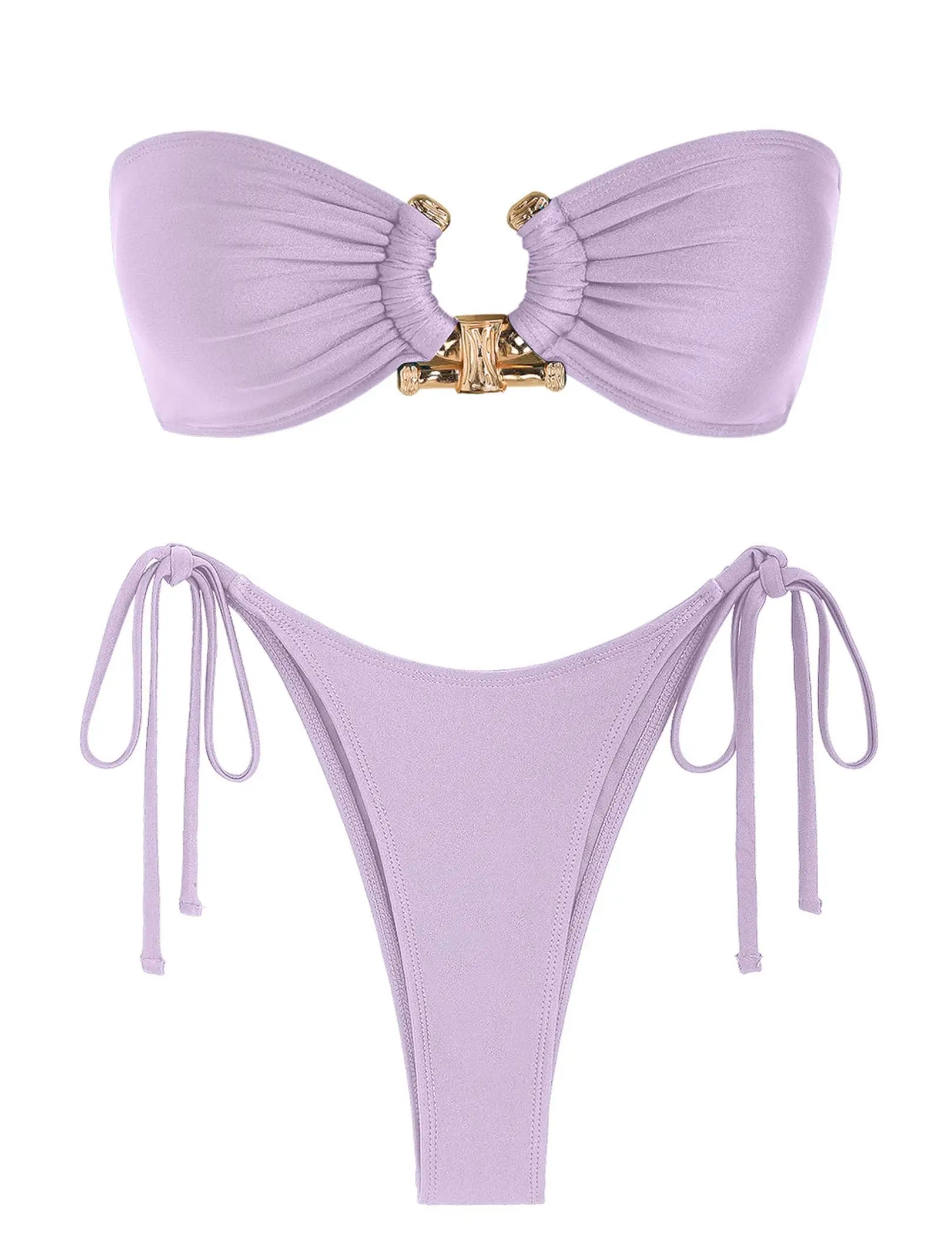 Solid O Ring 2025 New Swimsuit For Women Tie Side Shiny Metal Hardware Ring Bandeau Bikini Swimwear Padded Bra Top Low Waisted