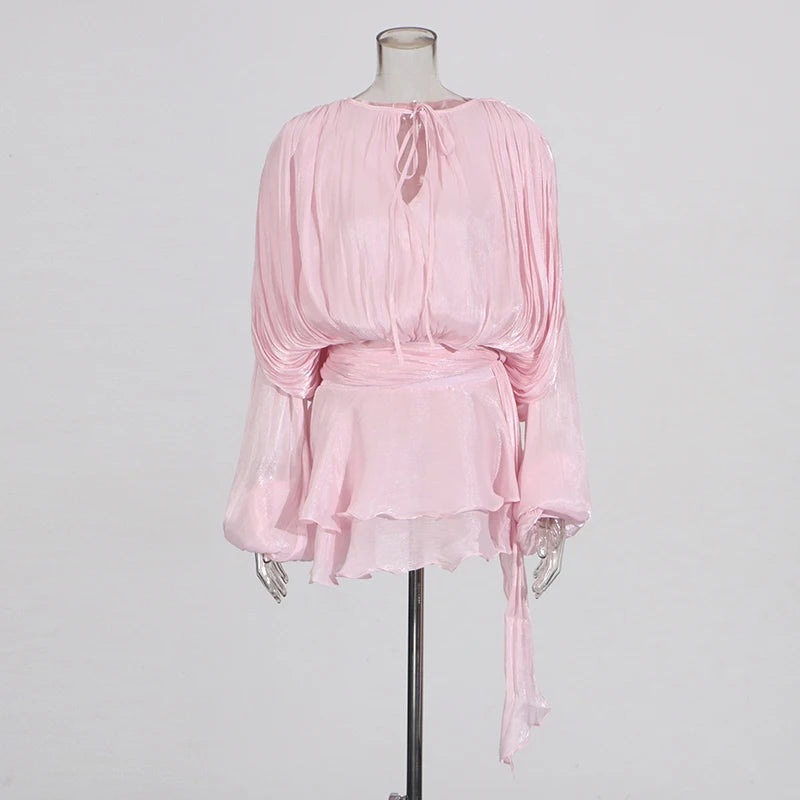 VGH Chic Spliced Lace Up Loose Sexy Short Dresses For Women Round Neck Long Sleeve Minimalist Ruffles Folds Dress Female Fashion