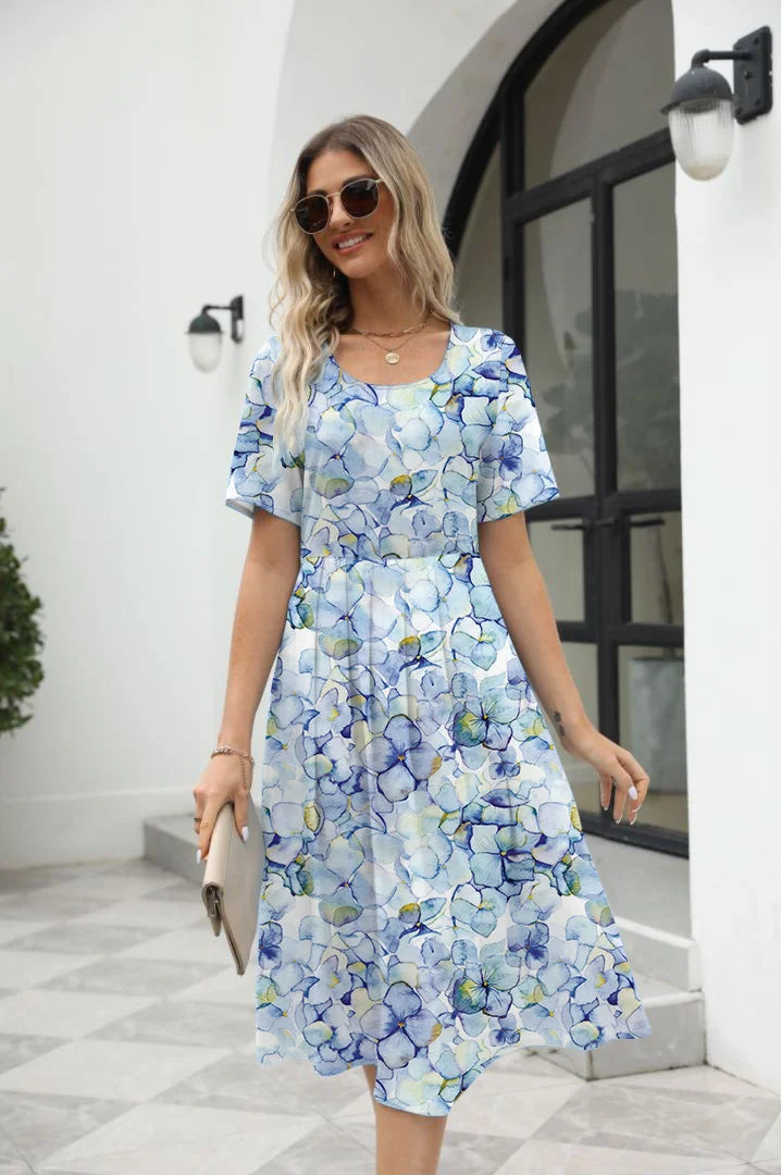 2025 summer Europe and the United States summer fashion casual ladies elegant printed round neck short-sleeved long dress