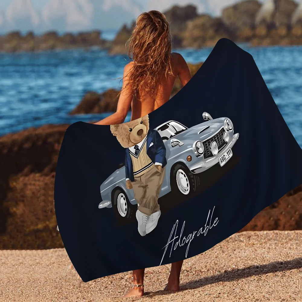 Cute Teddy Bear Happy Microfiber Printed Beach Towel Mountain Climbing Yoga Beach Swimming Running Absorbent Soft Towel