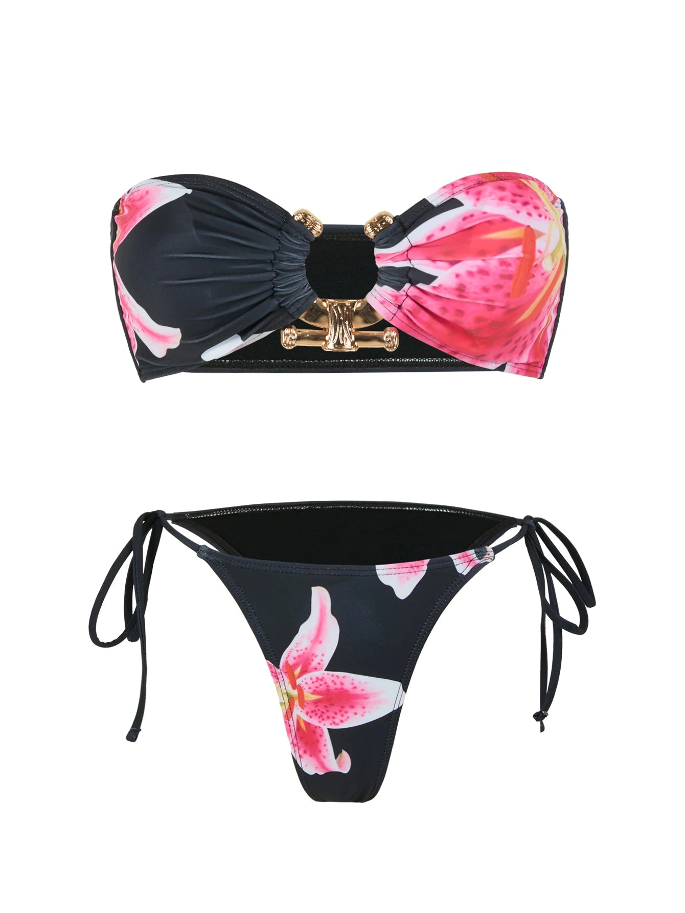 Solid O Ring 2025 New Swimsuit For Women Tie Side Shiny Metal Hardware Ring Bandeau Bikini Swimwear Padded Bra Top Low Waisted