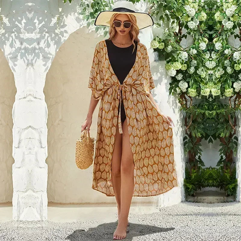 2023 Bohemian Printed Summer Beach Wear Bikini Wrap Dress Tunic Summer Women Swimsuit Cover-ups Kimono Cardigan Q996