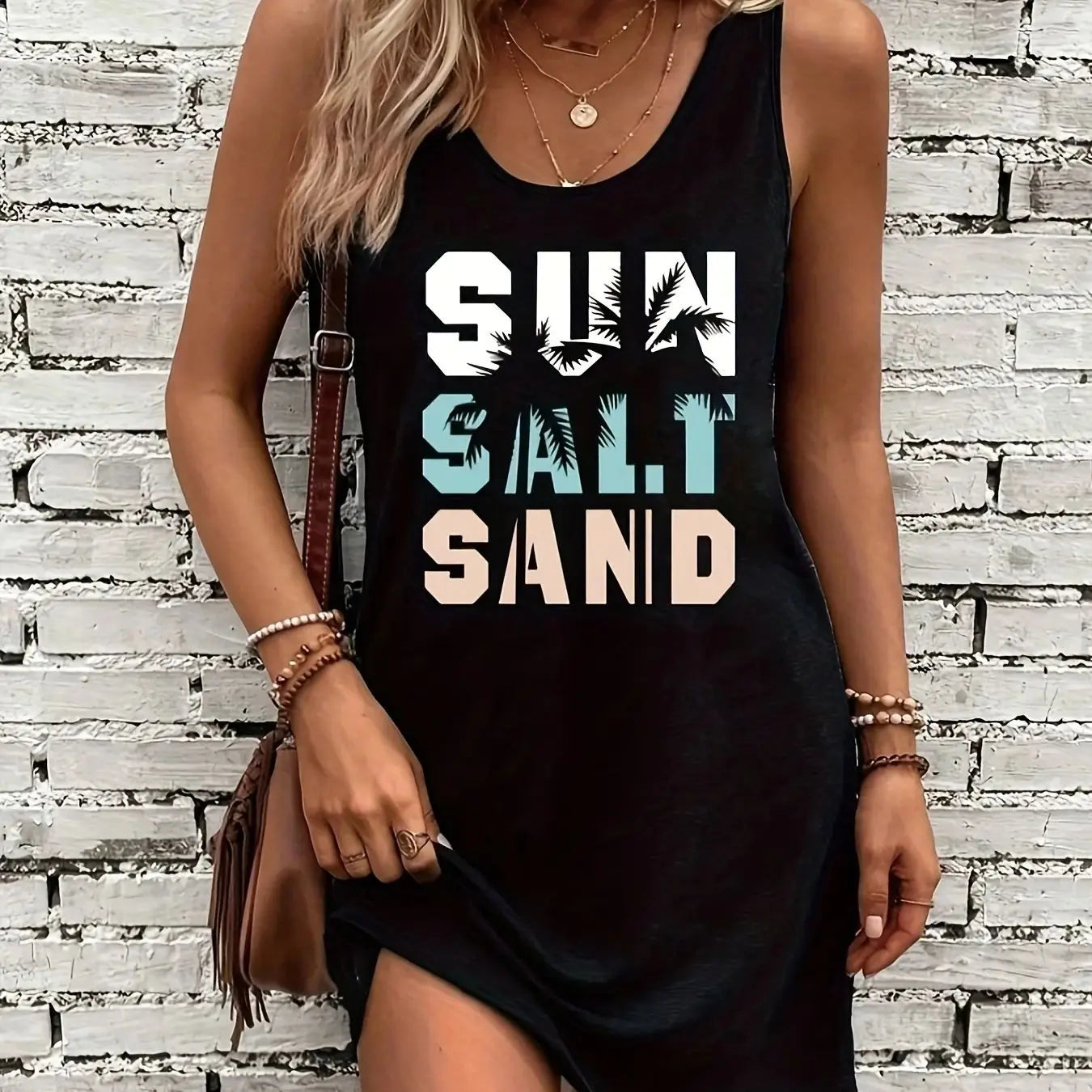 Women's Summer Sleeveless Tank Top Dress Sexy Women's summer loose sleeveless short mini dress with black print