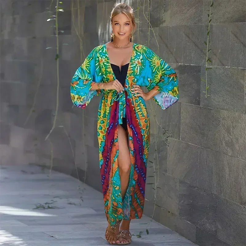 2023 Bohemian Printed Summer Beach Wear Bikini Wrap Dress Tunic Summer Women Swimsuit Cover-ups Kimono Cardigan Q996