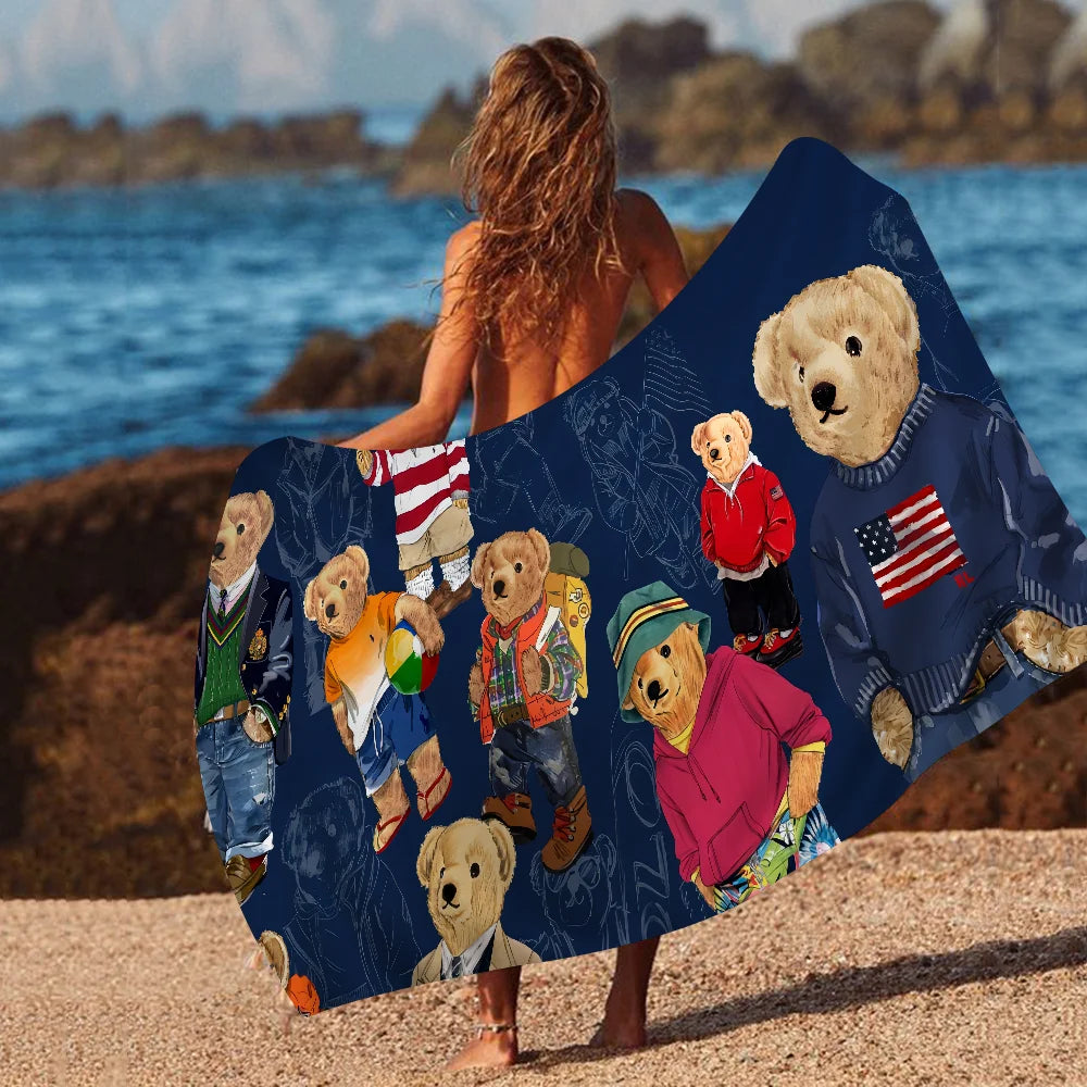 Cute Teddy Bear Happy Microfiber Printed Beach Towel Mountain Climbing Yoga Beach Swimming Running Absorbent Soft Towel