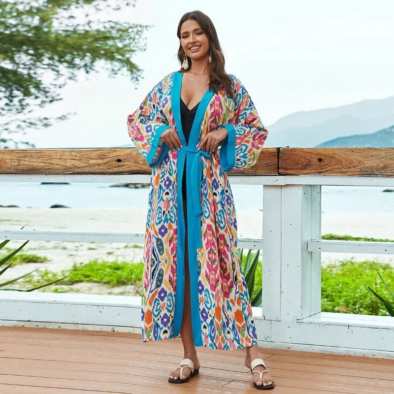 2023 Bohemian Printed Summer Beach Wear Bikini Wrap Dress Tunic Summer Women Swimsuit Cover-ups Kimono Cardigan Q996