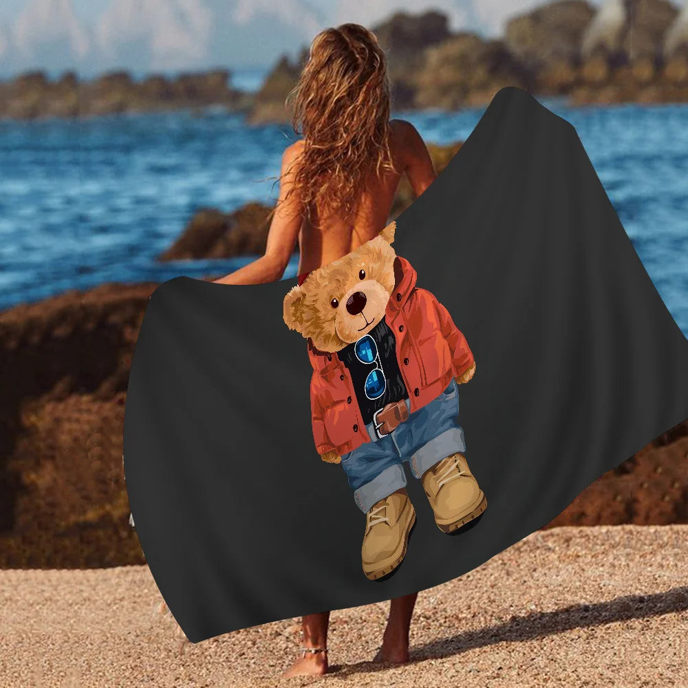 Cute Teddy Bear Happy Microfiber Printed Beach Towel Mountain Climbing Yoga Beach Swimming Running Absorbent Soft Towel