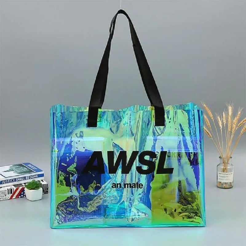 200Pcs/Lot Transparent Laser PVC Beach Bags Waterproof Iridescent Customized Logo Women's Travel Shopping Bag Thick Handbag