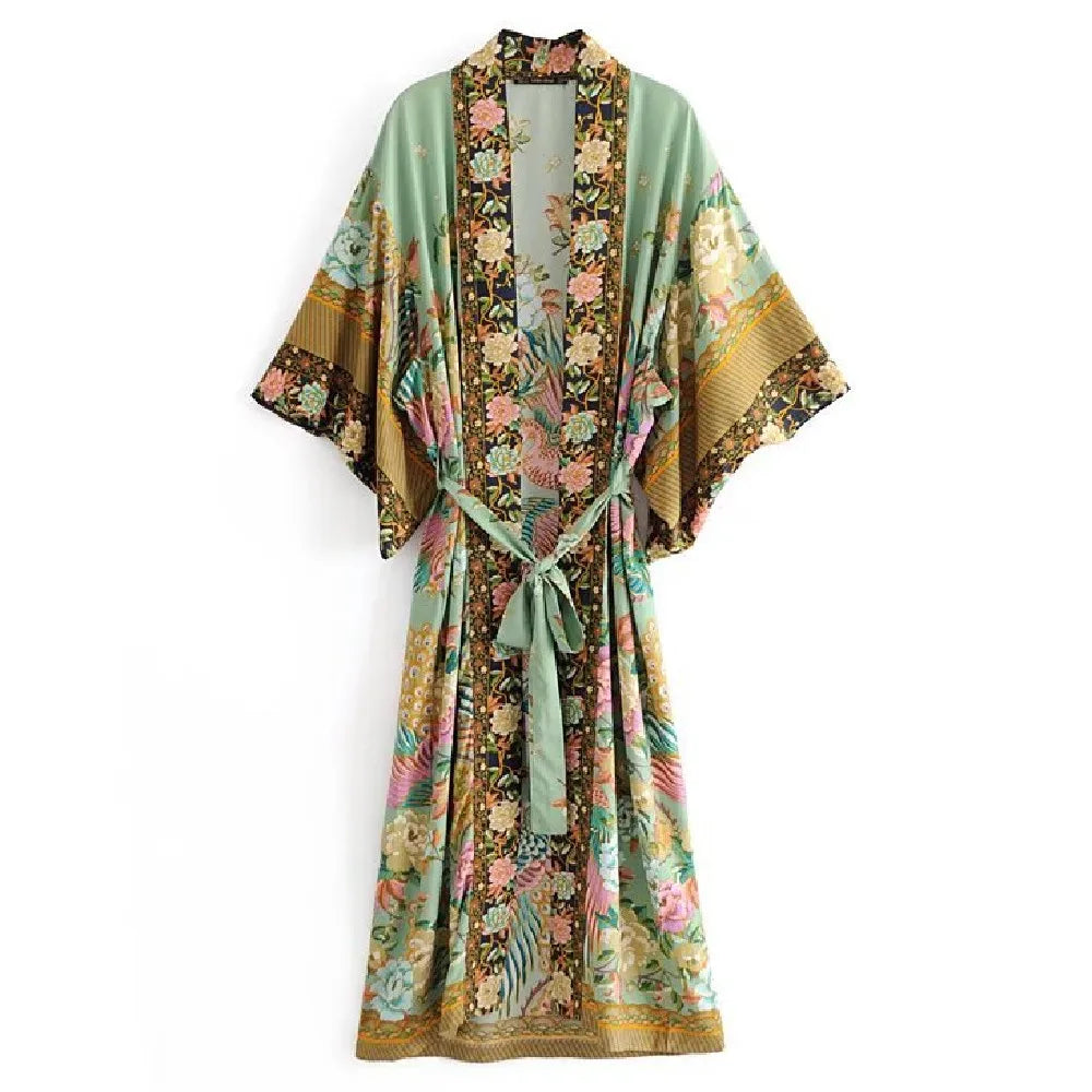 Bohemian Printed Bikini Cover-ups Green Tunic Long Kimono Cardigan Plus Size 2023 Women Beach Wear Swim Suit Cover Up A155