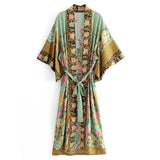 Bohemian Printed Bikini Cover-ups Green Tunic Long Kimono Cardigan Plus Size 2023 Women Beach Wear Swim Suit Cover Up A155