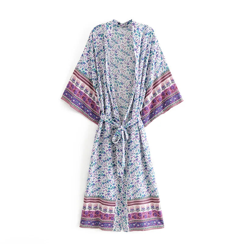Bohemian Printed Bikini Cover-ups Green Tunic Long Kimono Cardigan Plus Size 2023 Women Beach Wear Swim Suit Cover Up A155
