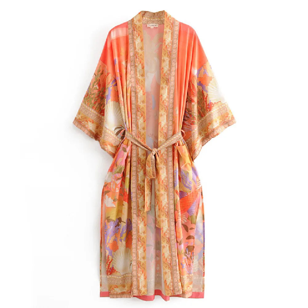 Bohemian Printed Bikini Cover-ups Green Tunic Long Kimono Cardigan Plus Size 2023 Women Beach Wear Swim Suit Cover Up A155
