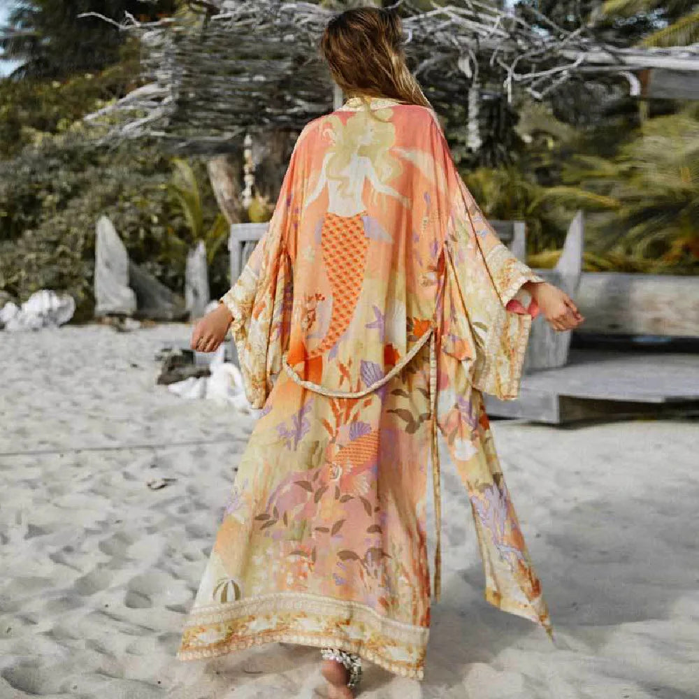Bohemian Printed Bikini Cover-ups Green Tunic Long Kimono Cardigan Plus Size 2023 Women Beach Wear Swim Suit Cover Up A155
