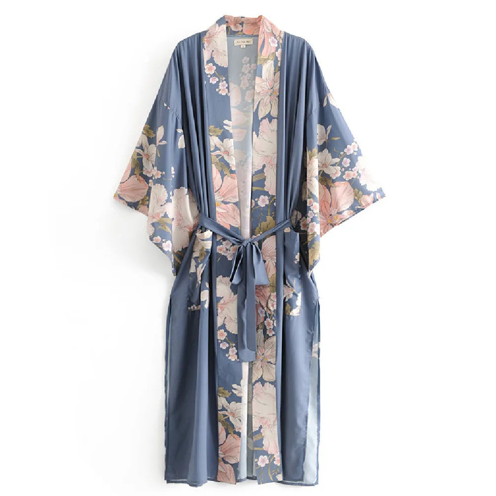 Bohemian Printed Bikini Cover-ups Green Tunic Long Kimono Cardigan Plus Size 2023 Women Beach Wear Swim Suit Cover Up A155