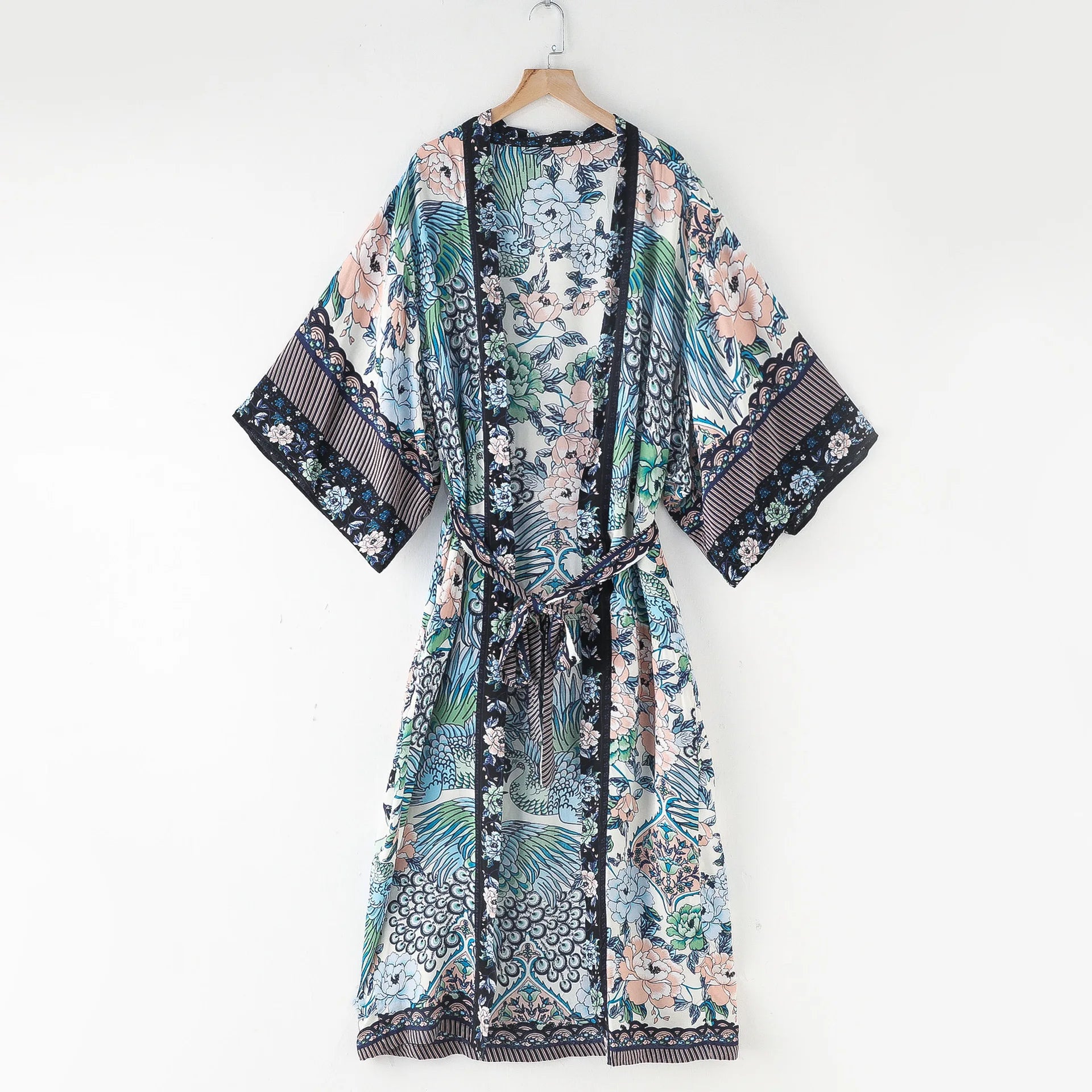 Bohemian Printed Bikini Cover-ups Green Tunic Long Kimono Cardigan Plus Size 2023 Women Beach Wear Swim Suit Cover Up A155