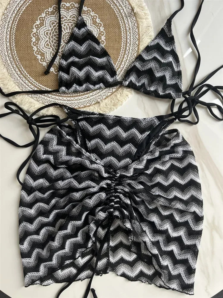 Luxury Design Women's Swimsuit Colored Maple Leaves Knitted Bikini Skirt Three-Piece Set Split Bikini Set
