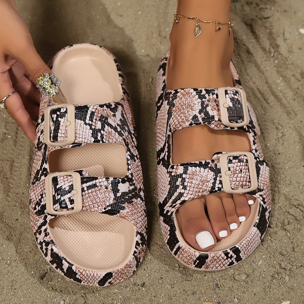 Summer Holiday Printing Soft Women Slippers Vacation Travel Beach Adjustable Double-buckle Sandals Pillow Platform Home Slippers