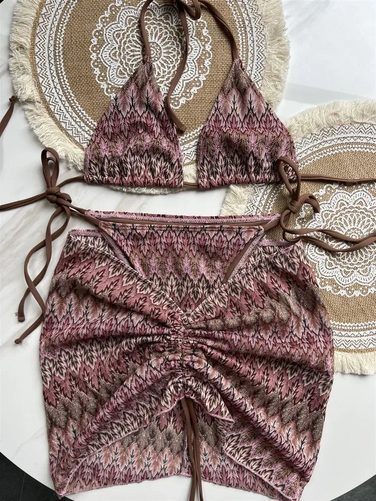 Luxury Design Women's Swimsuit Colored Maple Leaves Knitted Bikini Skirt Three-Piece Set Split Bikini Set