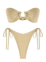 Solid O Ring 2025 New Swimsuit For Women Tie Side Shiny Metal Hardware Ring Bandeau Bikini Swimwear Padded Bra Top Low Waisted