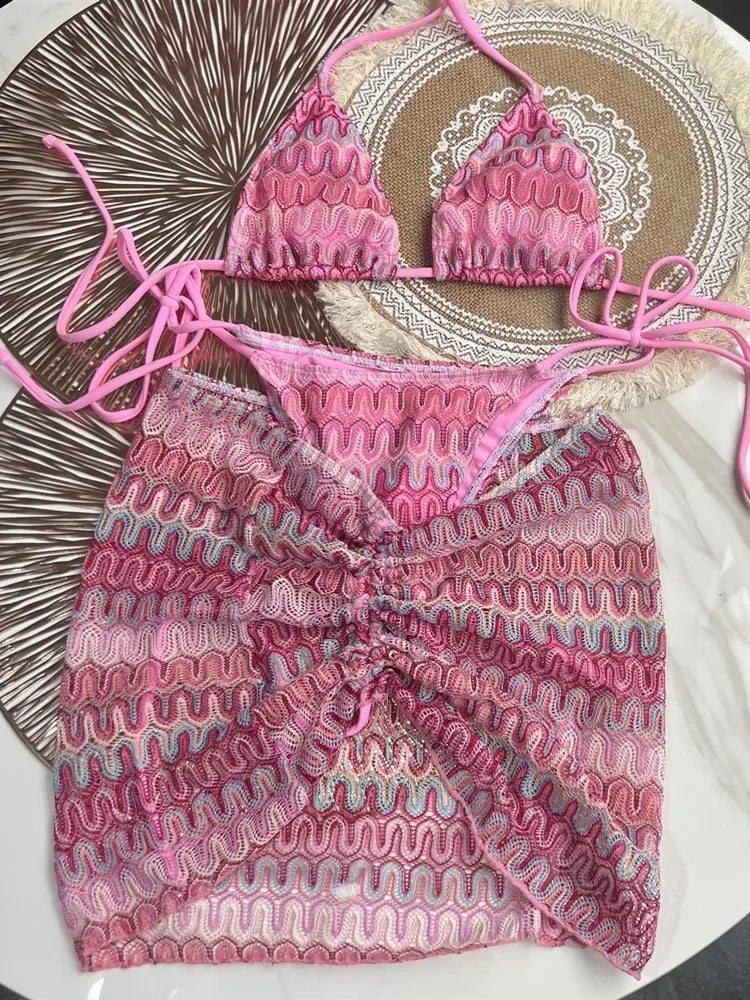 Luxury Design Women's Swimsuit Colored Maple Leaves Knitted Bikini Skirt Three-Piece Set Split Bikini Set
