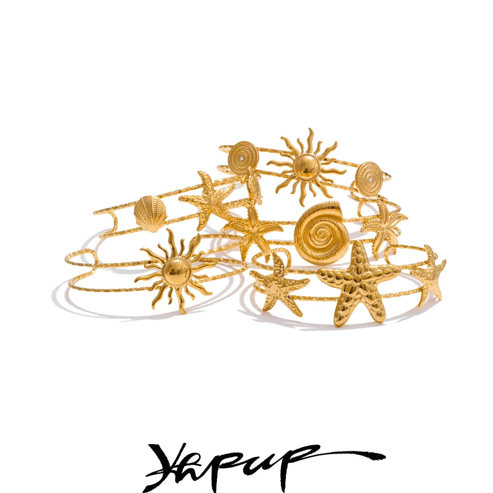 Yhpup Ocean Series Golden PVD Starfish Shell Sun Cuff Bracelet Open Wrist Jewelry Stainless Steel Bangle for Summer Holiday