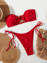 Solid O Ring 2025 New Swimsuit For Women Tie Side Shiny Metal Hardware Ring Bandeau Bikini Swimwear Padded Bra Top Low Waisted