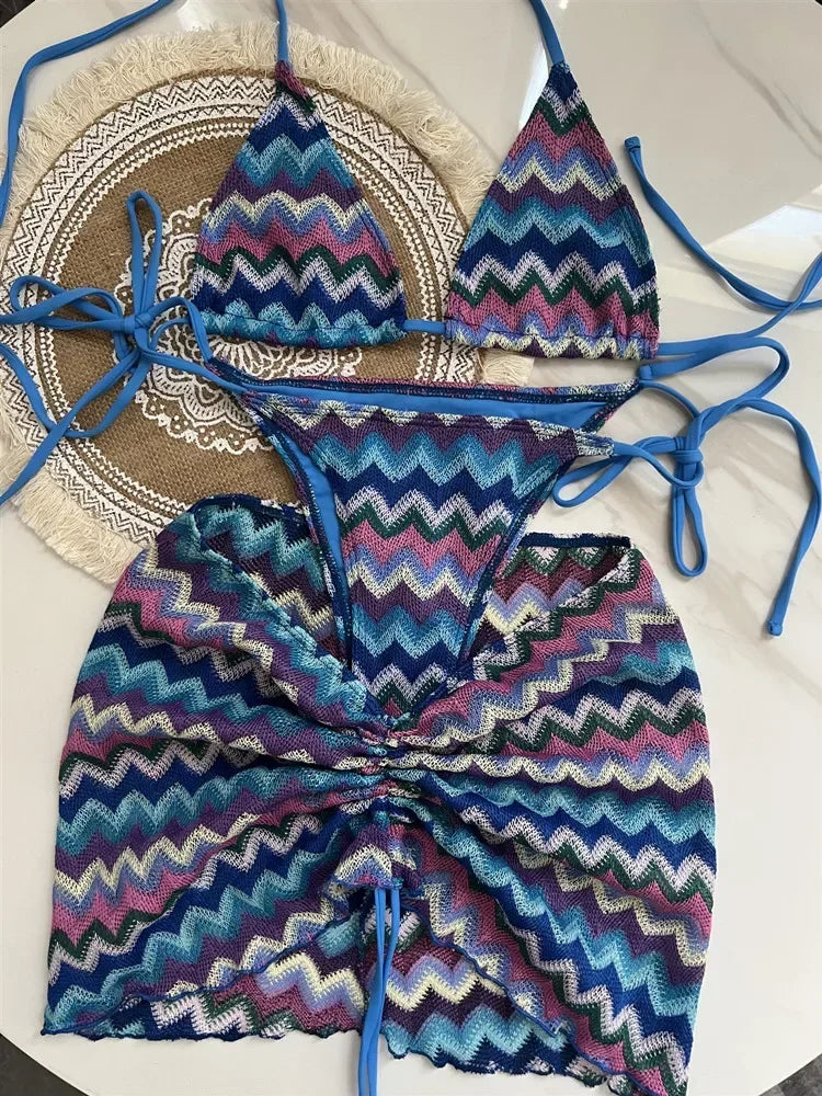 Luxury Design Women's Swimsuit Colored Maple Leaves Knitted Bikini Skirt Three-Piece Set Split Bikini Set
