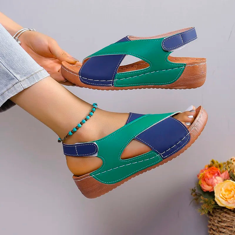New Women's Contrast Color Wedge Sandals Summer Peep Toe Non Slip Beach Shoes Woman Comfortable Platform Roman Sandalias Mujer