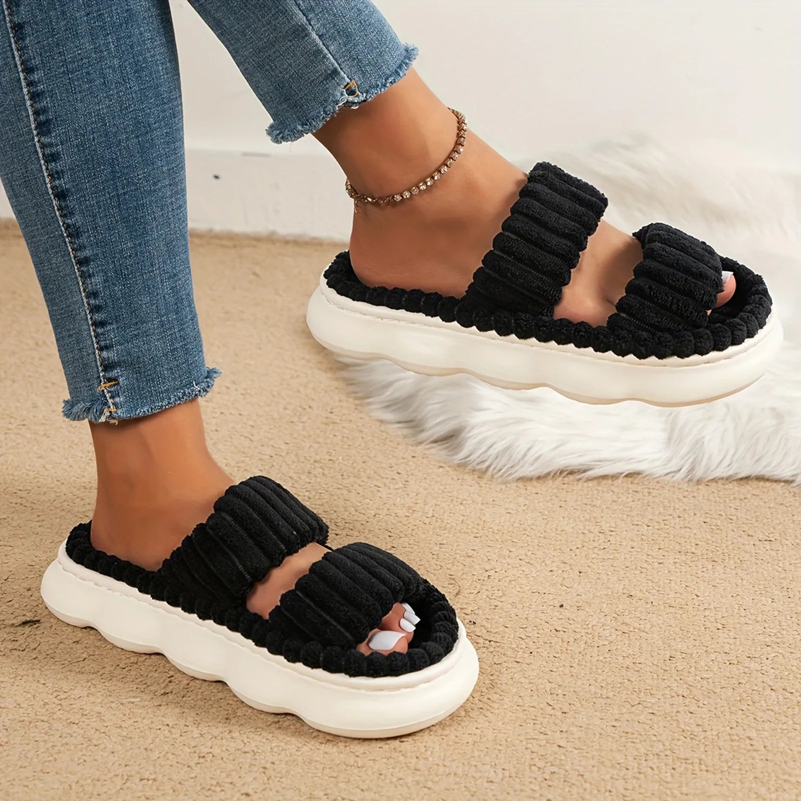 Autumn Winter New Women Home Slippers Open-Toe Cross Band Linen Soled Indoor Slides Linen Soled Non-Slip Bathroom Slippers