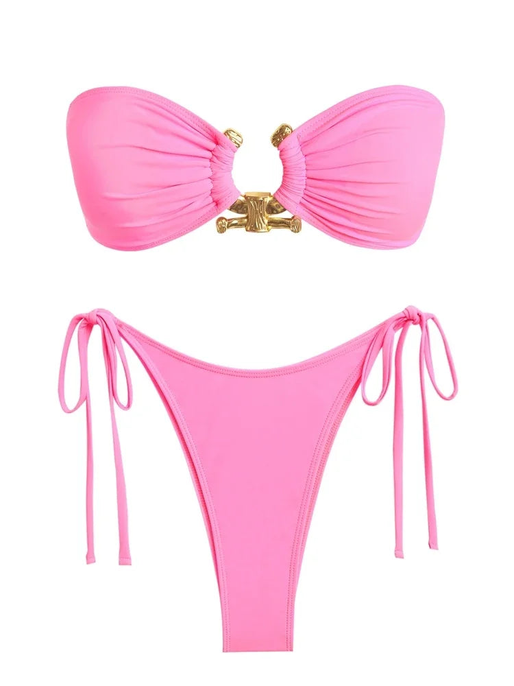 Solid O Ring 2025 New Swimsuit For Women Tie Side Shiny Metal Hardware Ring Bandeau Bikini Swimwear Padded Bra Top Low Waisted