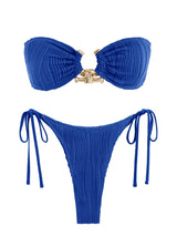 Solid O Ring 2025 New Swimsuit For Women Tie Side Shiny Metal Hardware Ring Bandeau Bikini Swimwear Padded Bra Top Low Waisted