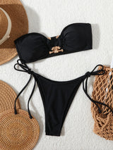 Solid O Ring 2025 New Swimsuit For Women Tie Side Shiny Metal Hardware Ring Bandeau Bikini Swimwear Padded Bra Top Low Waisted