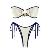 Solid O Ring 2025 New Swimsuit For Women Tie Side Shiny Metal Hardware Ring Bandeau Bikini Swimwear Padded Bra Top Low Waisted