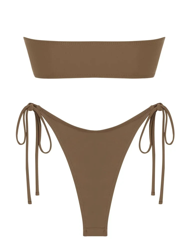 Solid O Ring 2025 New Swimsuit For Women Tie Side Shiny Metal Hardware Ring Bandeau Bikini Swimwear Padded Bra Top Low Waisted