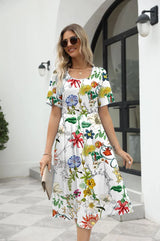 2025 summer Europe and the United States summer fashion casual ladies elegant printed round neck short-sleeved long dress