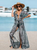 Cupshe Leopard Print Maxi Length Kimono Bikini Cover Up For Women Short Sleeve Lace Up Long Beach Dress Summer Beachwear