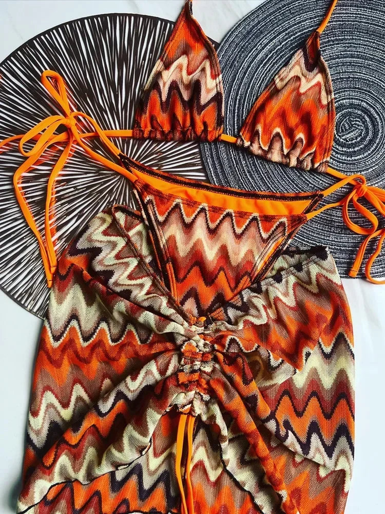 Luxury Design Women's Swimsuit Colored Maple Leaves Knitted Bikini Skirt Three-Piece Set Split Bikini Set