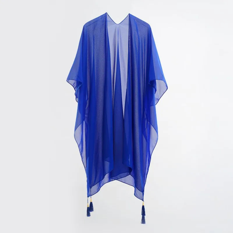 Simple Pure Color Chiffon Beach Bikini Cover Ups Swimwear Women Summer Sun Protection Cardigan Leisure Travel Cape Long