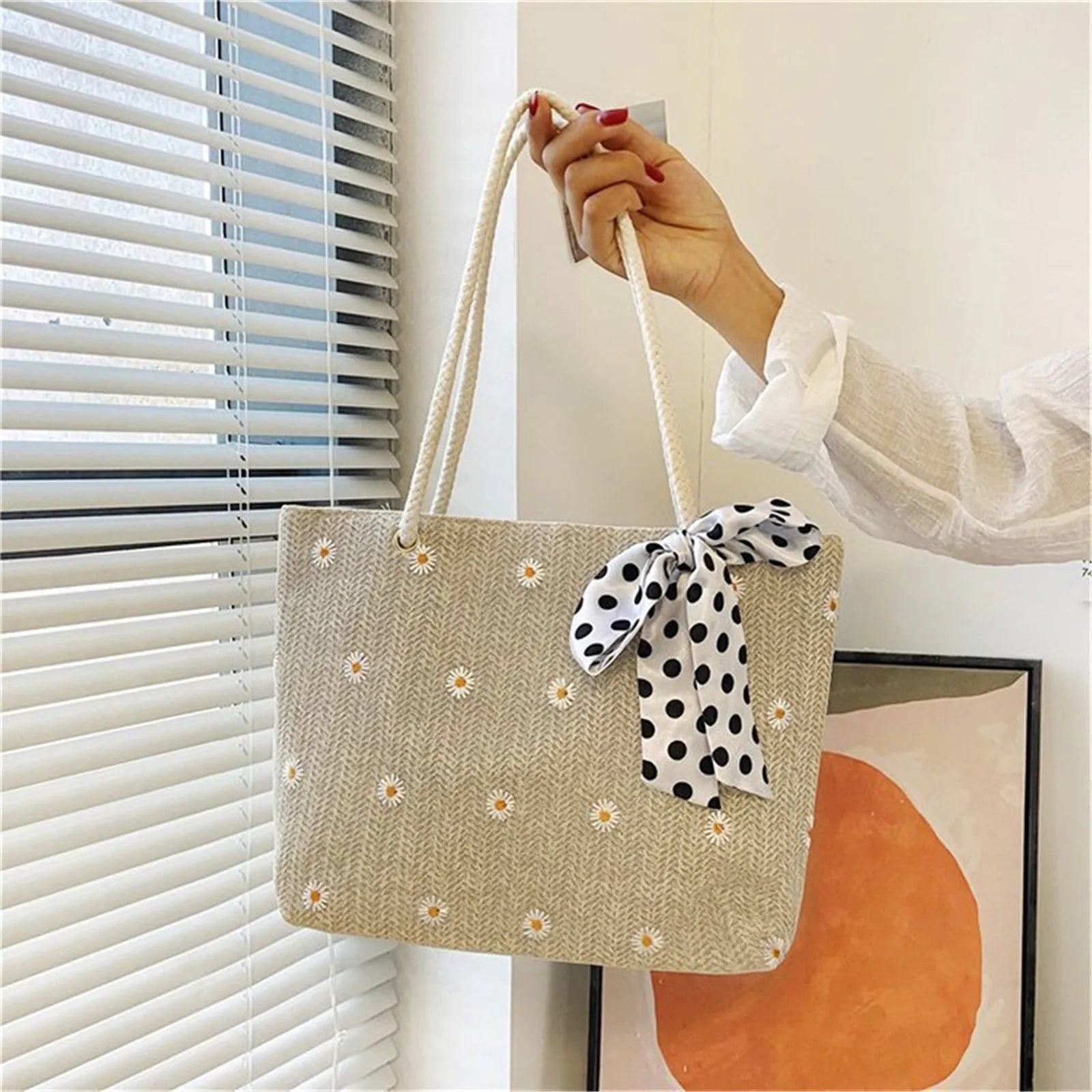 Square Hollow Straw Beach Bag Handmade Woven Shoulder Bag Raffia Rattan Shopping Travel Bag Bohemian Vacation Casual Tote Bags