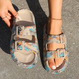 Summer Holiday Printing Soft Women Slippers Vacation Travel Beach Adjustable Double-buckle Sandals Pillow Platform Home Slippers